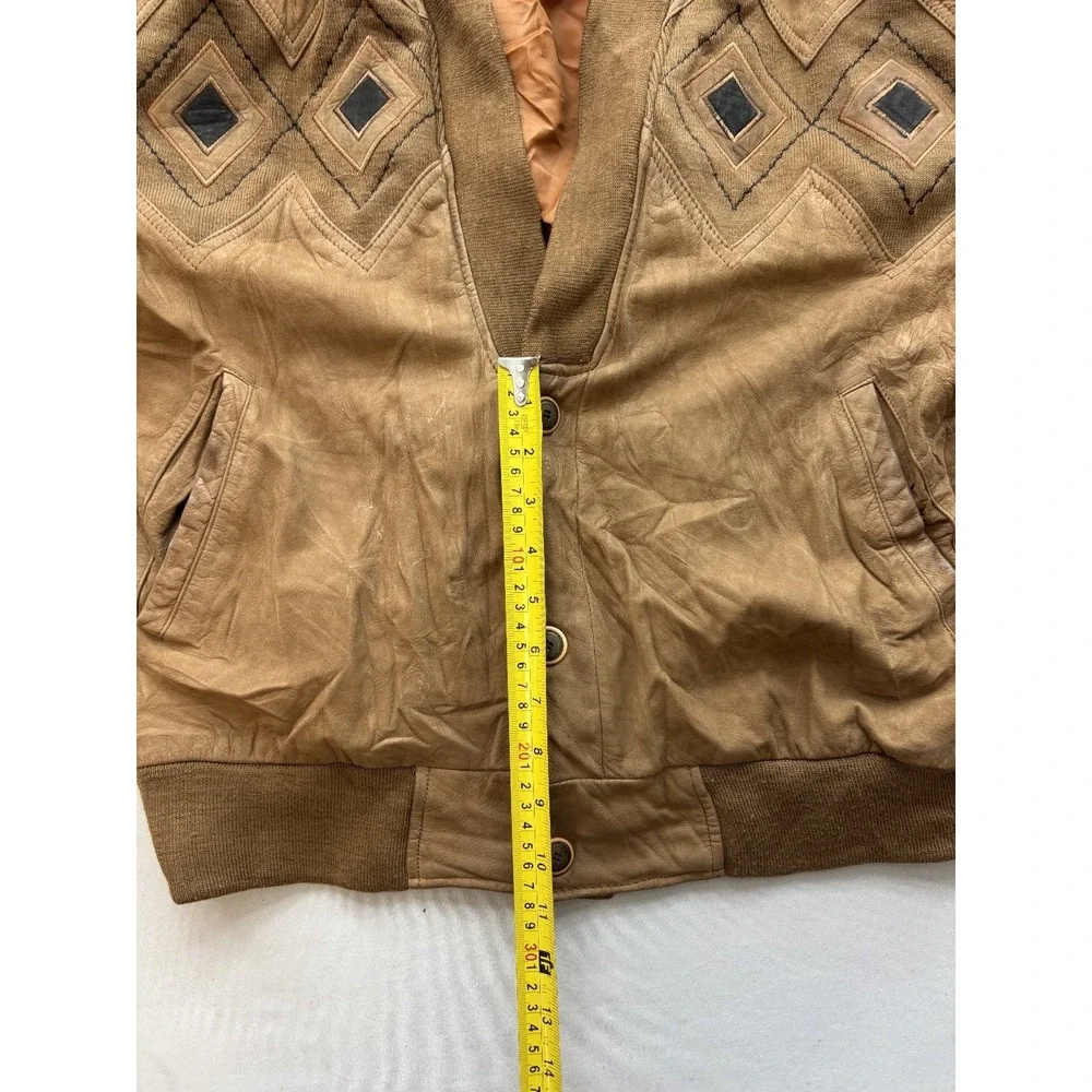 MESA RIDGE Vintage Men Tan Leather Bomber Jacket L Button Front Ribbed Trim